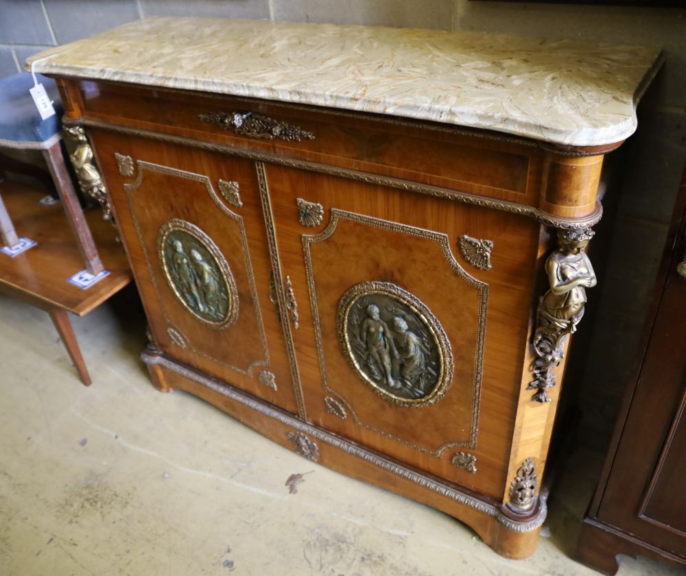 A Louis XV design marble top, gilt metal mounted, kingwood and birds eye maple side cabinet, width 126cm, depth 42cm, height 102cm